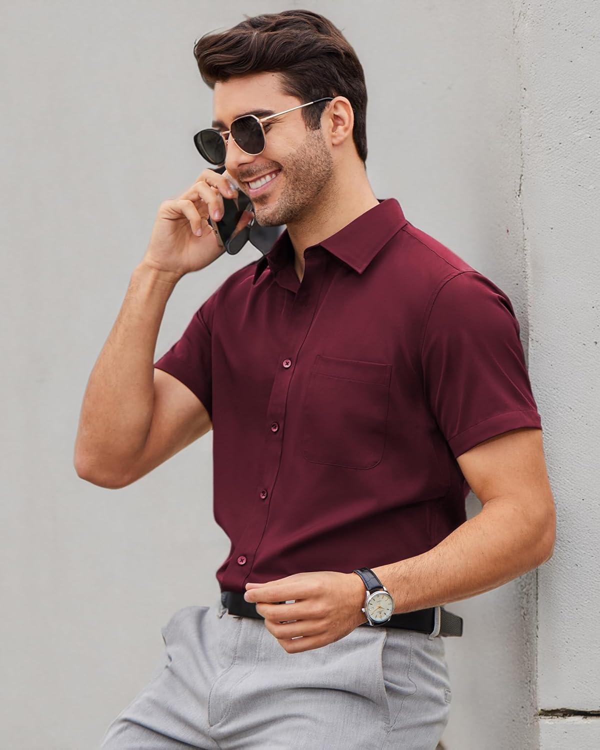 imageAlimens ampamp Gentle Mens Short Sleeve Dress Shirts Wrinkle Free Solid Casual Button Down Shirts with PocketAwine Red