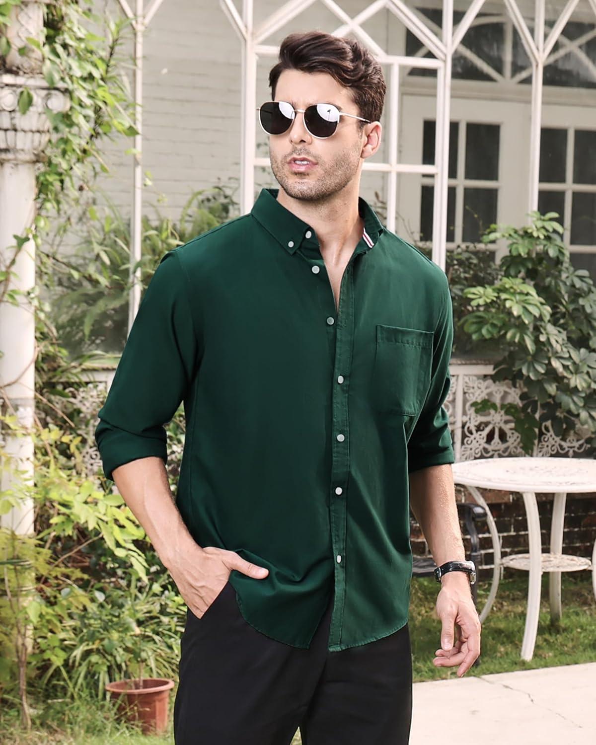 imageAlimens ampamp Gentle Mens Solid Oxford Shirt Long Sleeve Dress Shirt Work Casual Button Down Shirts with PocketDark Green