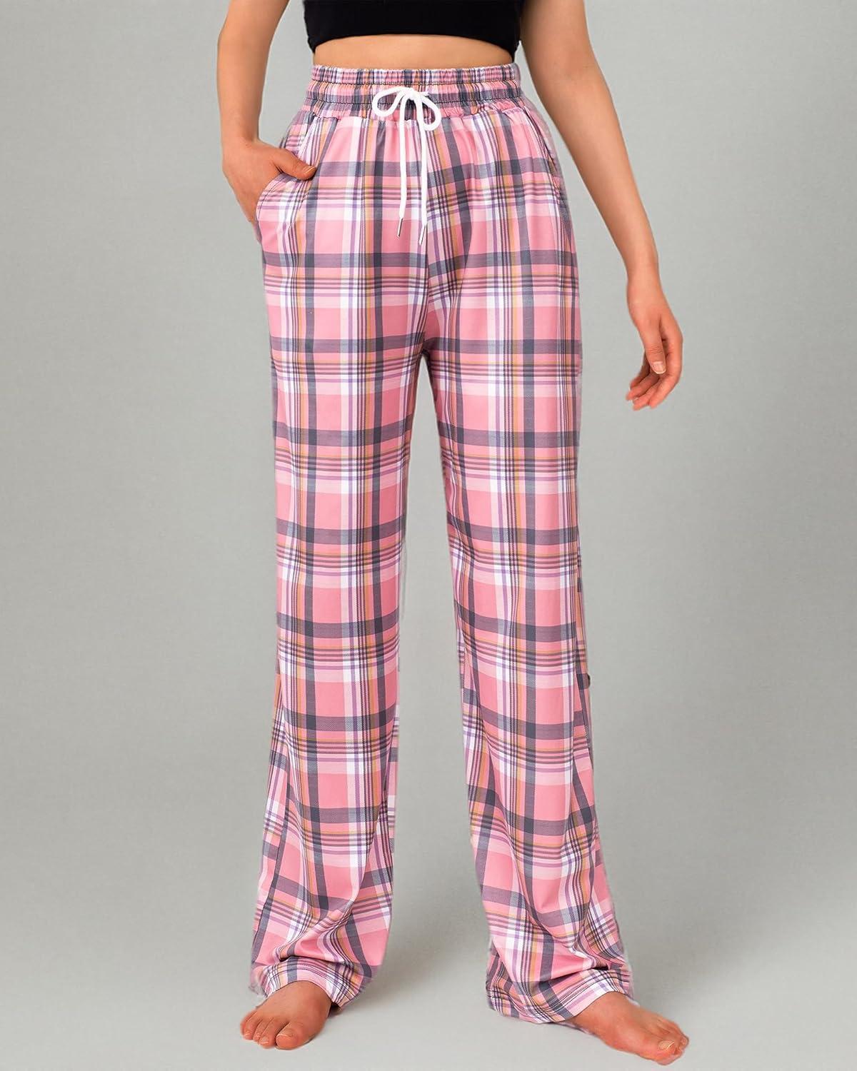 imageAlimens ampamp Gentle Womens Pajama Pants Plaid Stretch Comfy Lounge Pants Drawstring Waist Sleep Bottoms with PocketsPink