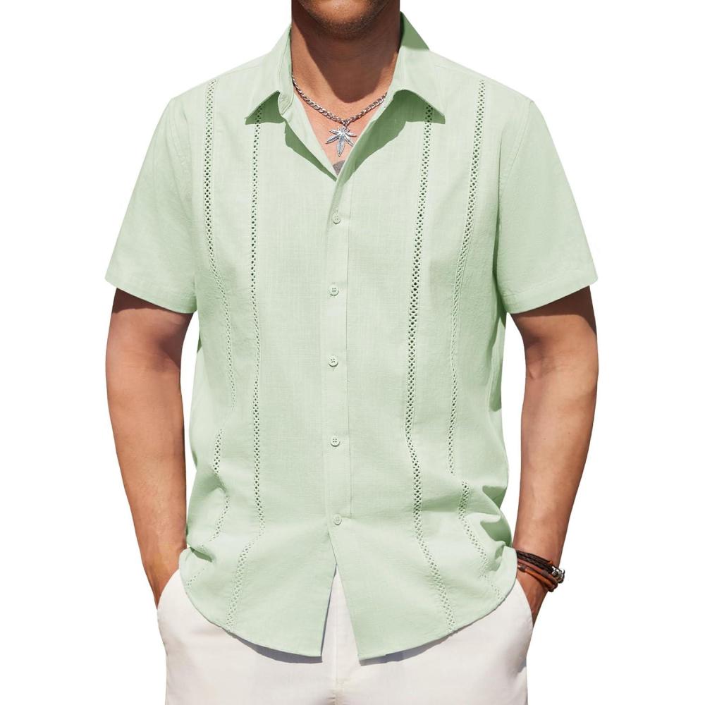 imageAlimens ampamp Gentle Mens Cuban Guayabera Shirts Cotton Linen Short Sleeve Button Down Shirts Casual Summer Beach Camp ShirtMint Green