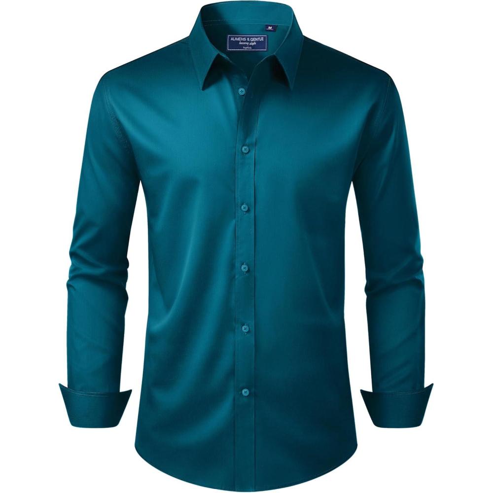 imageAlimens ampamp Gentle Mens Dress Shirt Regular Fit Stretch Stain Shield Long Sleeve Solid Business Wedding Button Down ShirtsDeep Sea