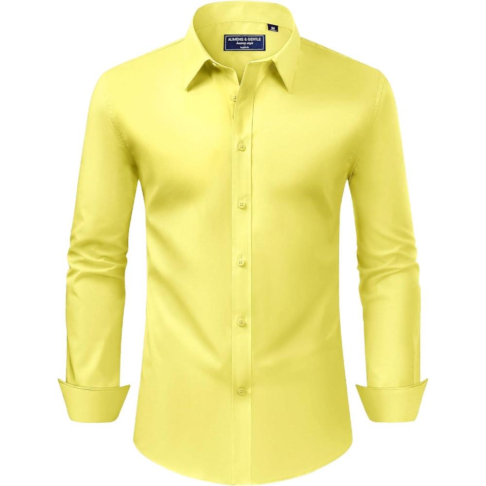 imageAlimens ampamp Gentle Mens Dress Shirt Regular Fit Stretch Stain Shield Long Sleeve Solid Business Wedding Button Down ShirtsLemon Yellow