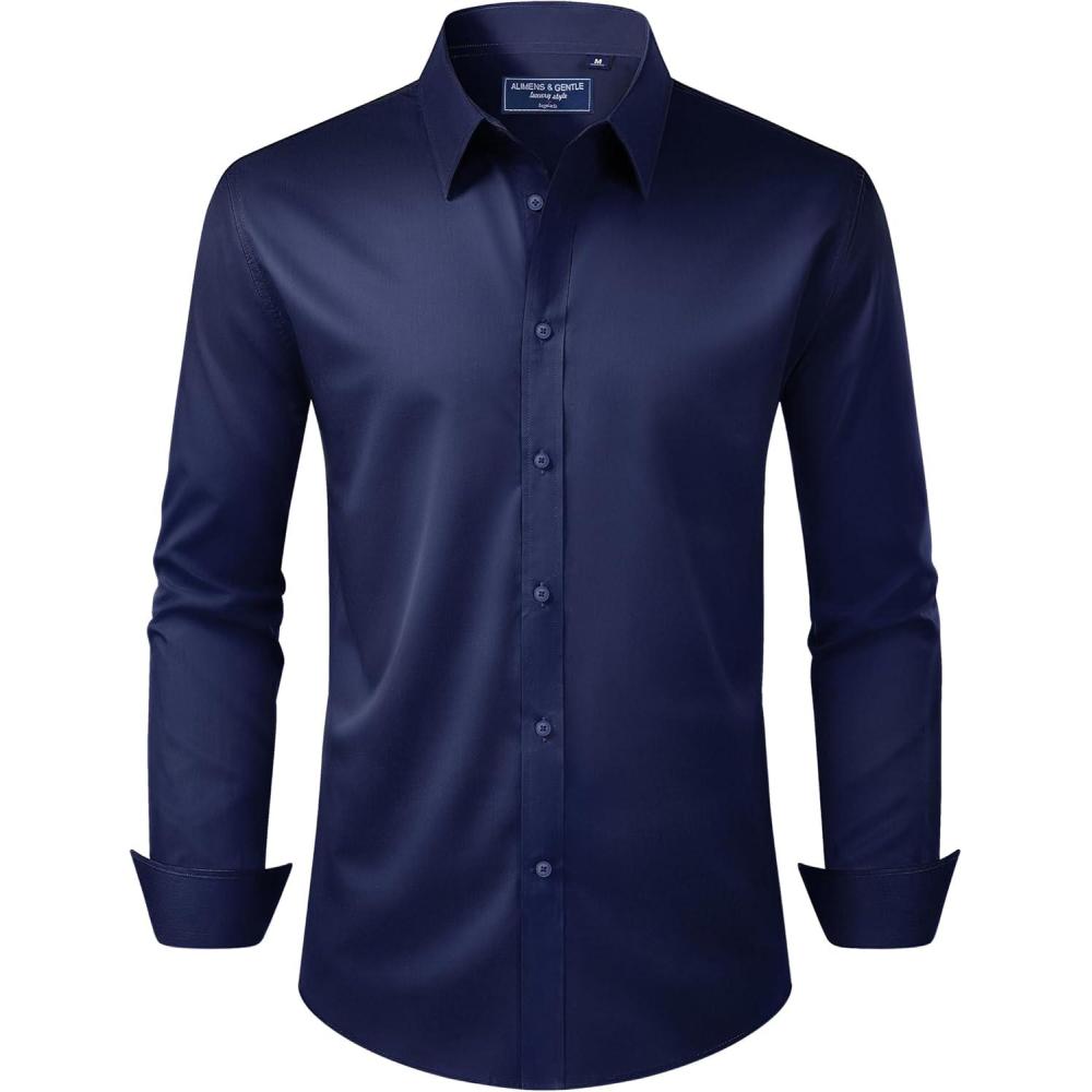 imageAlimens ampamp Gentle Mens Dress Shirt Regular Fit Stretch Stain Shield Long Sleeve Solid Business Wedding Button Down ShirtsNavy  Blue