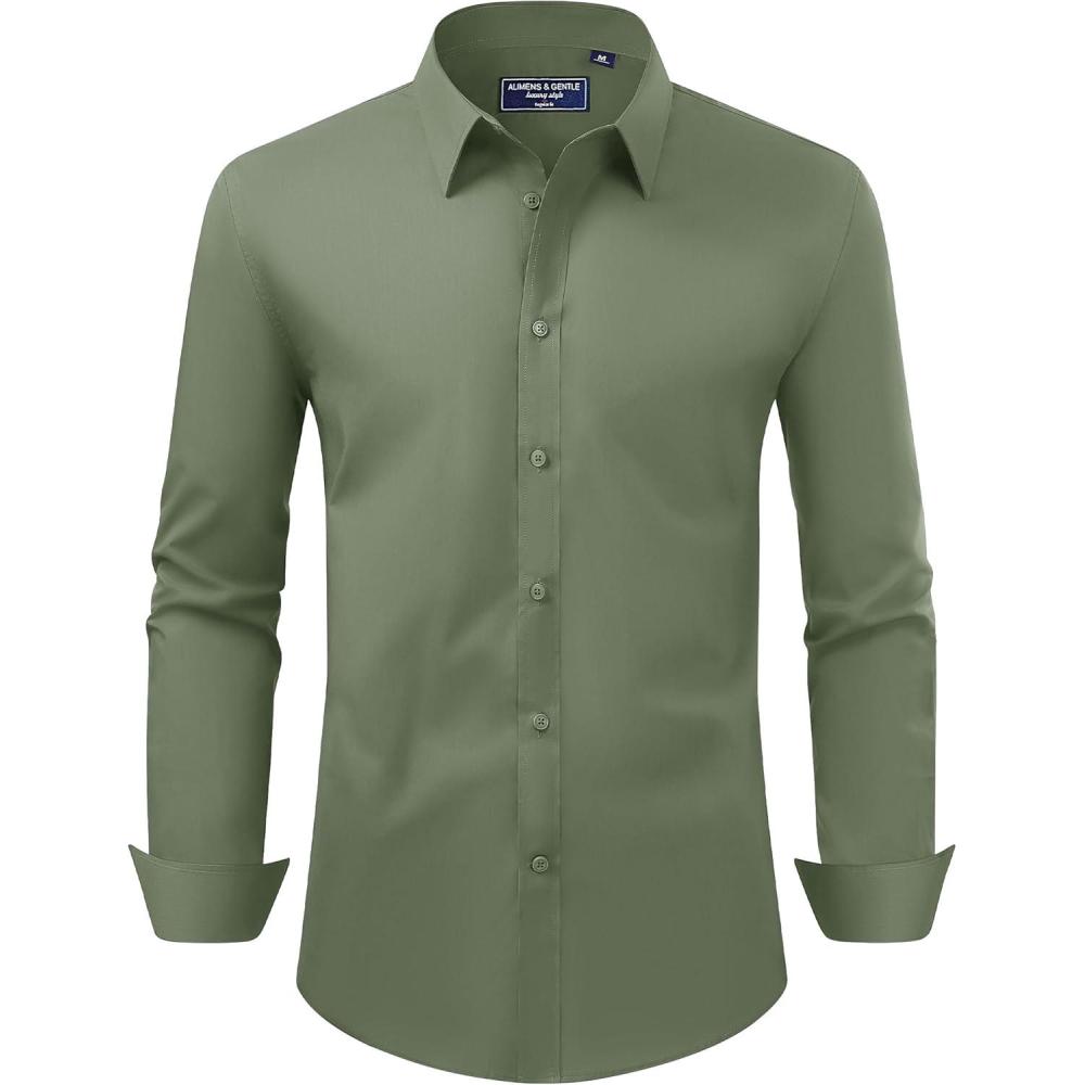 imageAlimens ampamp Gentle Mens Dress Shirt Regular Fit Stretch Stain Shield Long Sleeve Solid Business Wedding Button Down ShirtsOlive Green