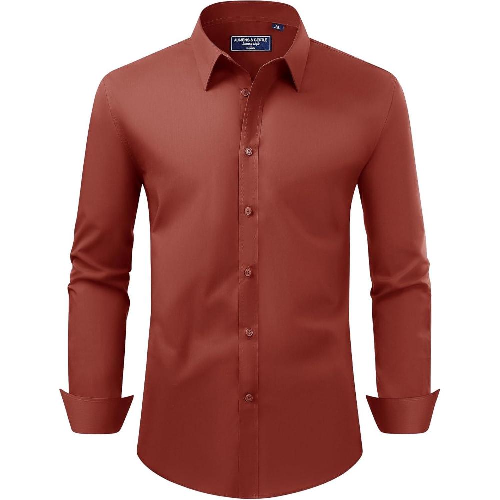imageAlimens ampamp Gentle Mens Dress Shirt Regular Fit Stretch Stain Shield Long Sleeve Solid Business Wedding Button Down ShirtsPersimmon Red