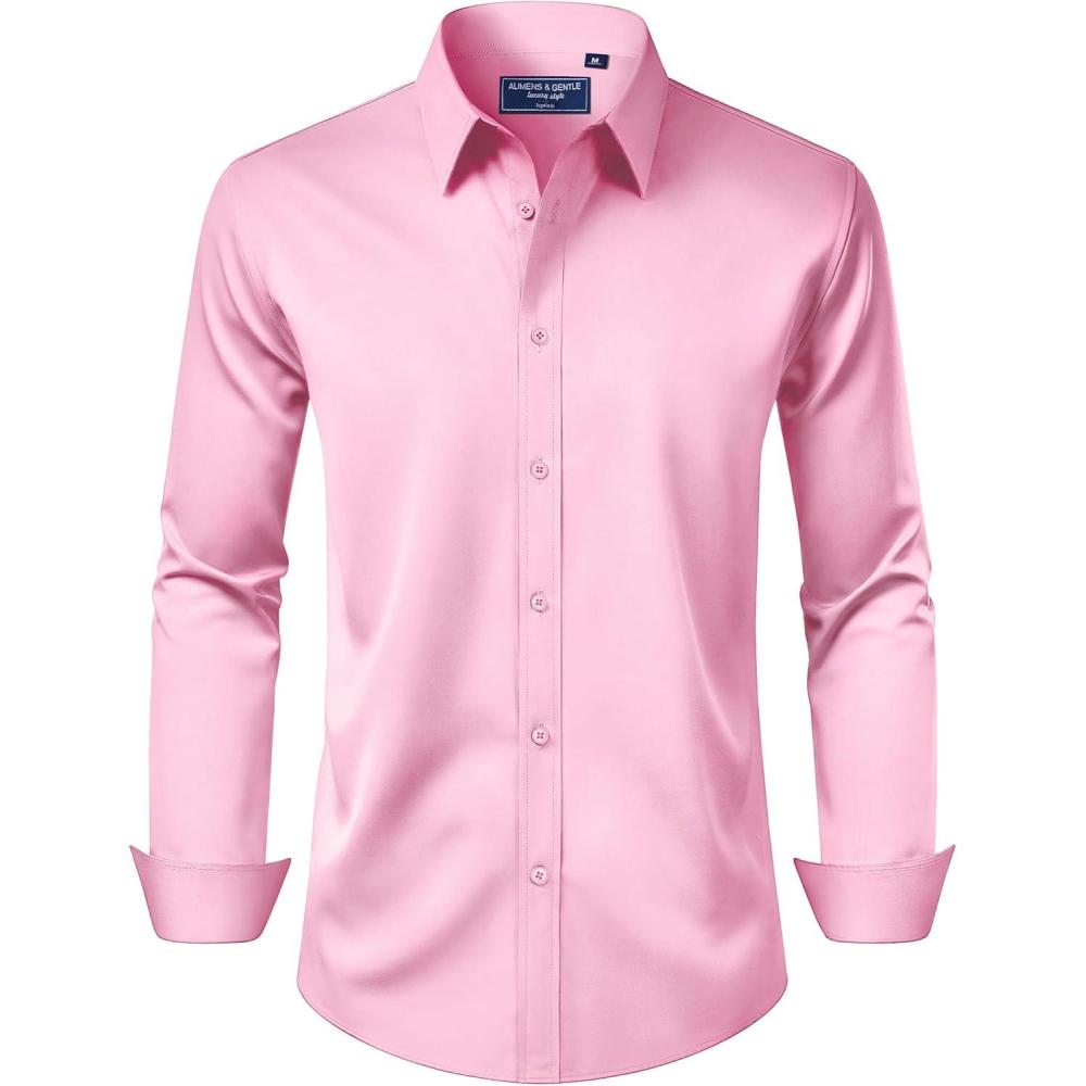 imageAlimens ampamp Gentle Mens Dress Shirt Regular Fit Stretch Stain Shield Long Sleeve Solid Business Wedding Button Down ShirtsPink