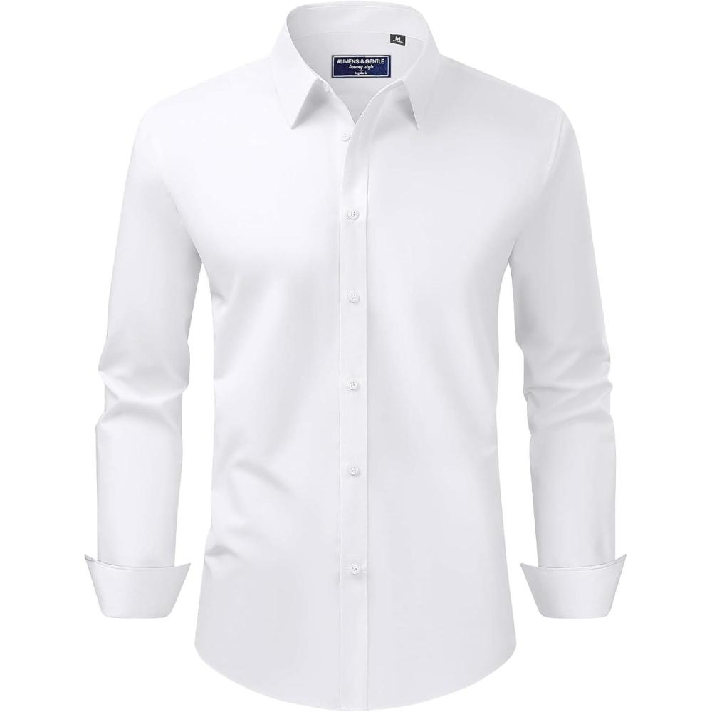 imageAlimens ampamp Gentle Mens Dress Shirt Regular Fit Stretch Stain Shield Long Sleeve Solid Business Wedding Button Down ShirtsWhite