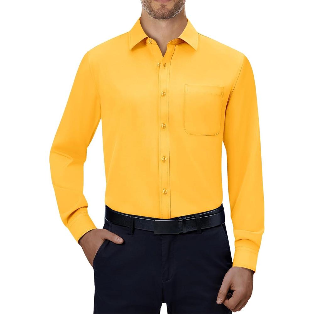 imageAlimens ampamp Gentle Mens Dress Shirts 4Way Stretch Long Sleeve Collared Casual Solid Wedding Dating Button Down ShirtBright Yellow