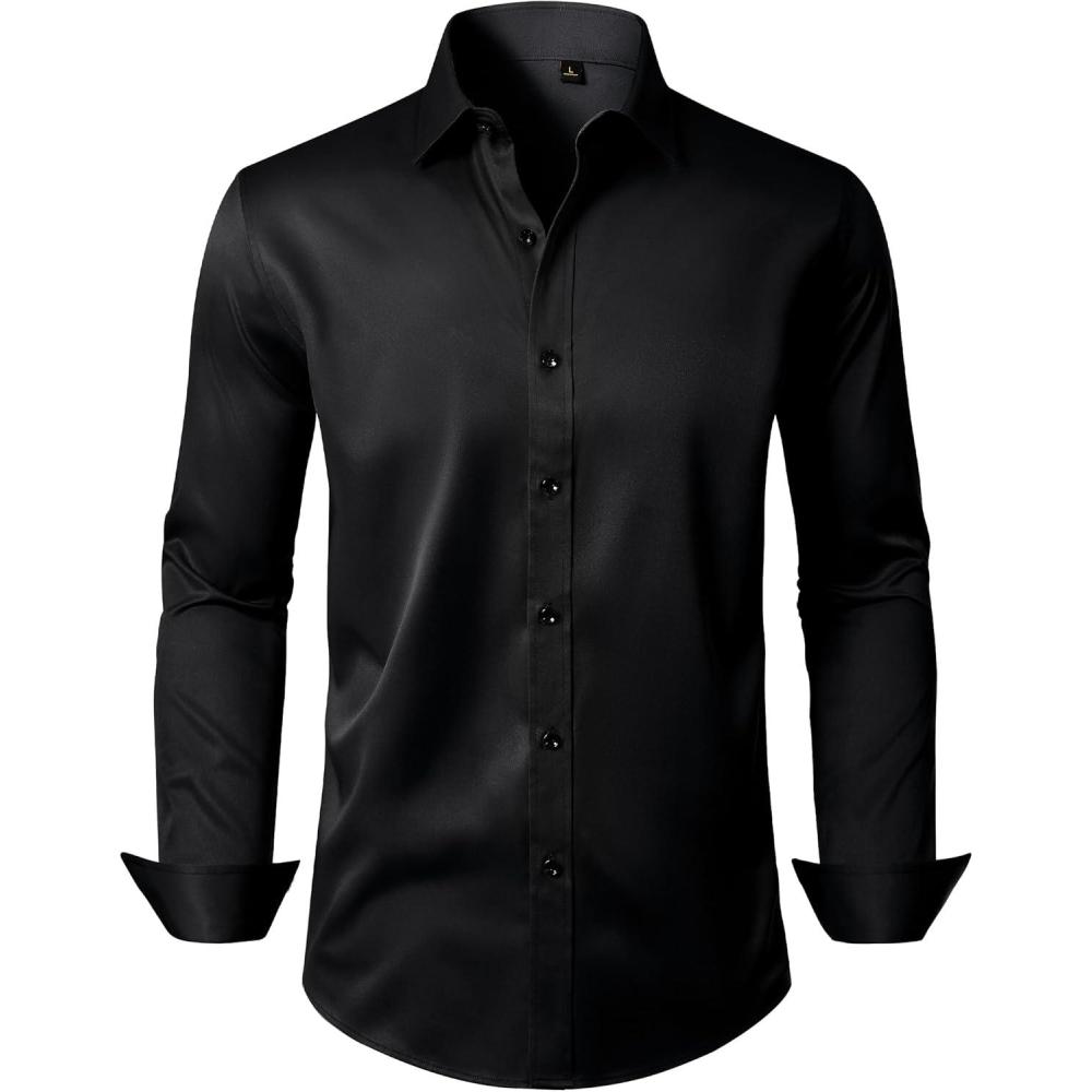 imageAlimens ampamp Gentle Mens Dress Shirts Long Sleeve Wrinkle Free Stretch Business Casual Wedding Button Down ShirtBlack