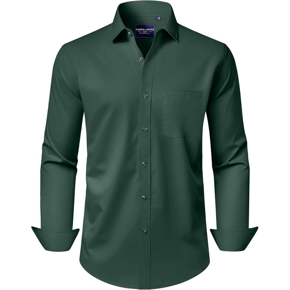 imageAlimens ampamp Gentle Mens Dress Shirts Long Sleeve WrinkleFree Stretch Shirts Solid Formal Button Down Shirt with PocketDark Green