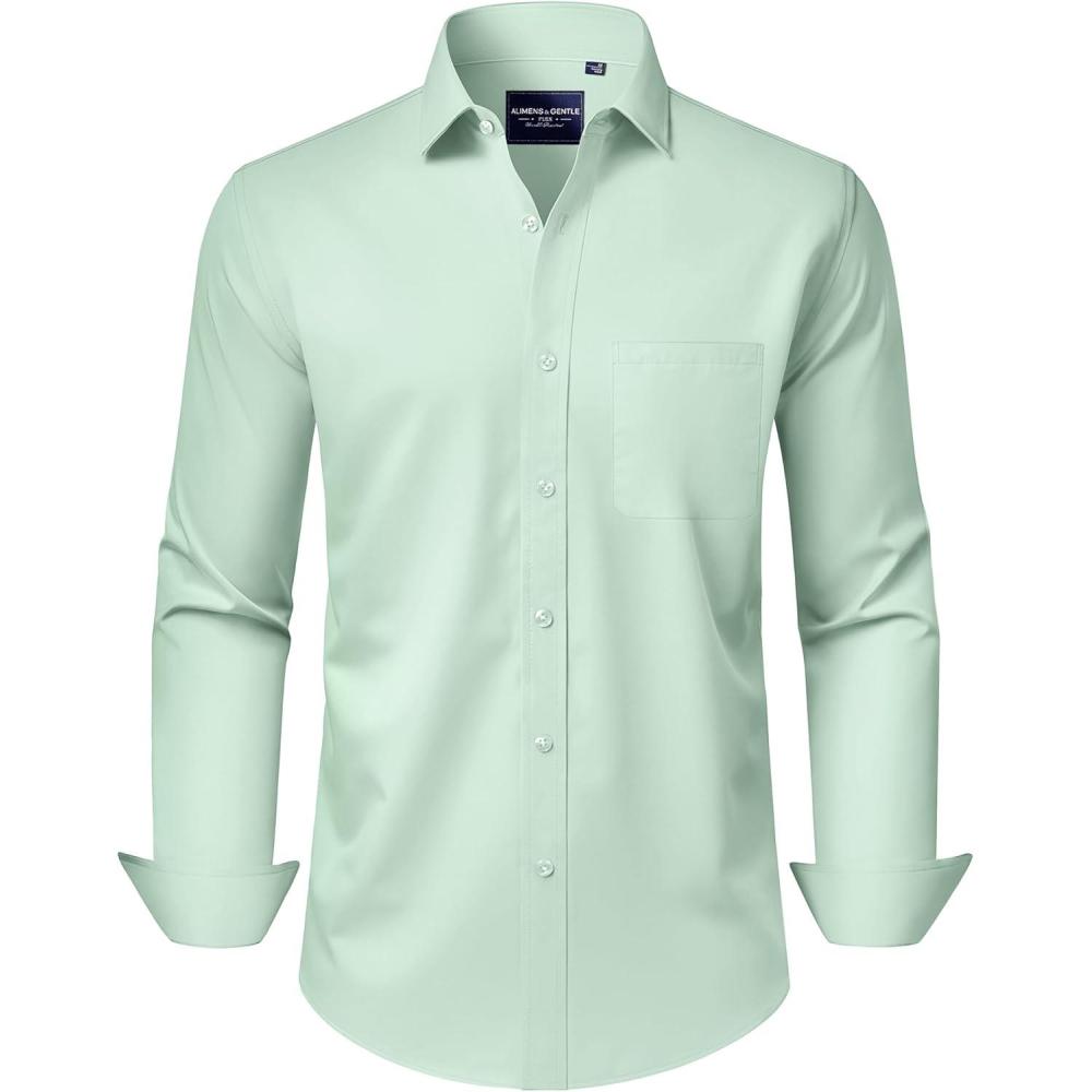 imageAlimens ampamp Gentle Mens Dress Shirts Long Sleeve WrinkleFree Stretch Shirts Solid Formal Button Down Shirt with PocketLight Green