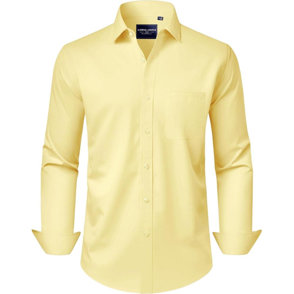 imageAlimens ampamp Gentle Mens Dress Shirts Long Sleeve WrinkleFree Stretch Shirts Solid Formal Button Down Shirt with PocketMilk Yellow
