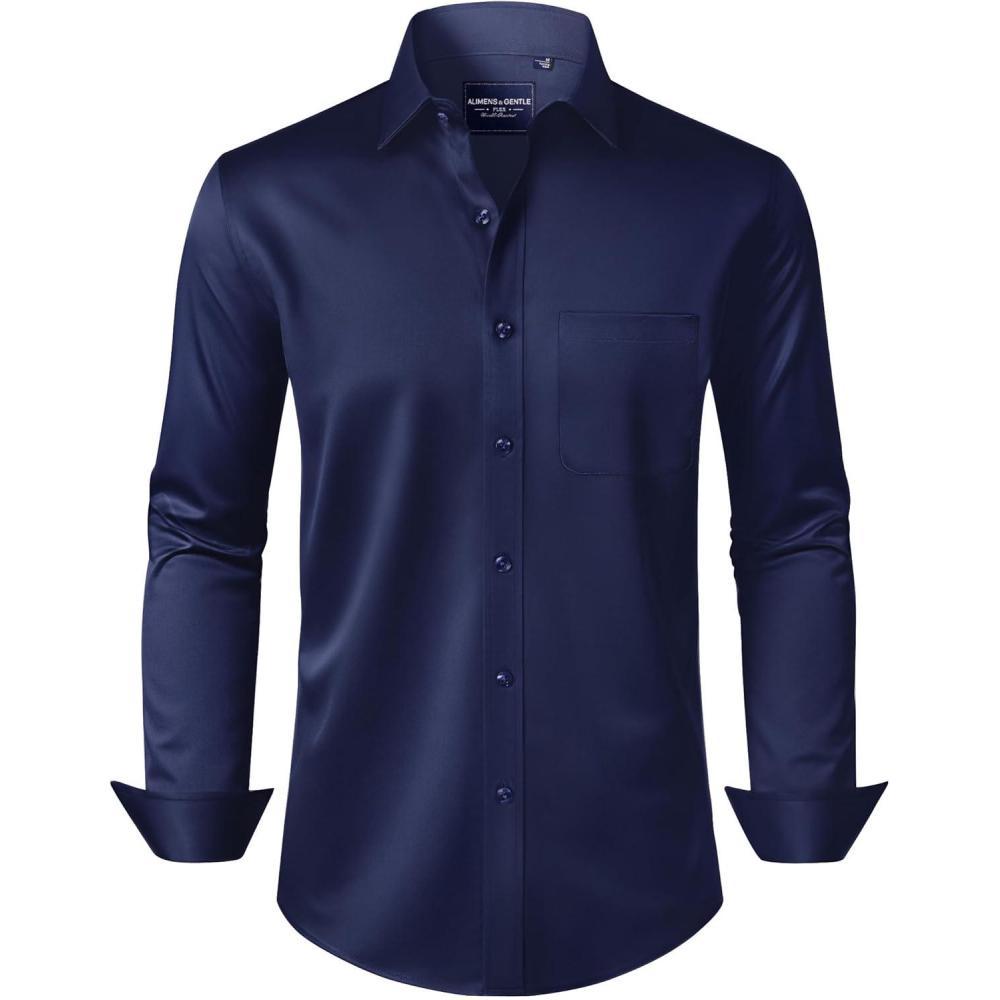 imageAlimens ampamp Gentle Mens Dress Shirts Long Sleeve WrinkleFree Stretch Shirts Solid Formal Button Down Shirt with PocketNavy Blue