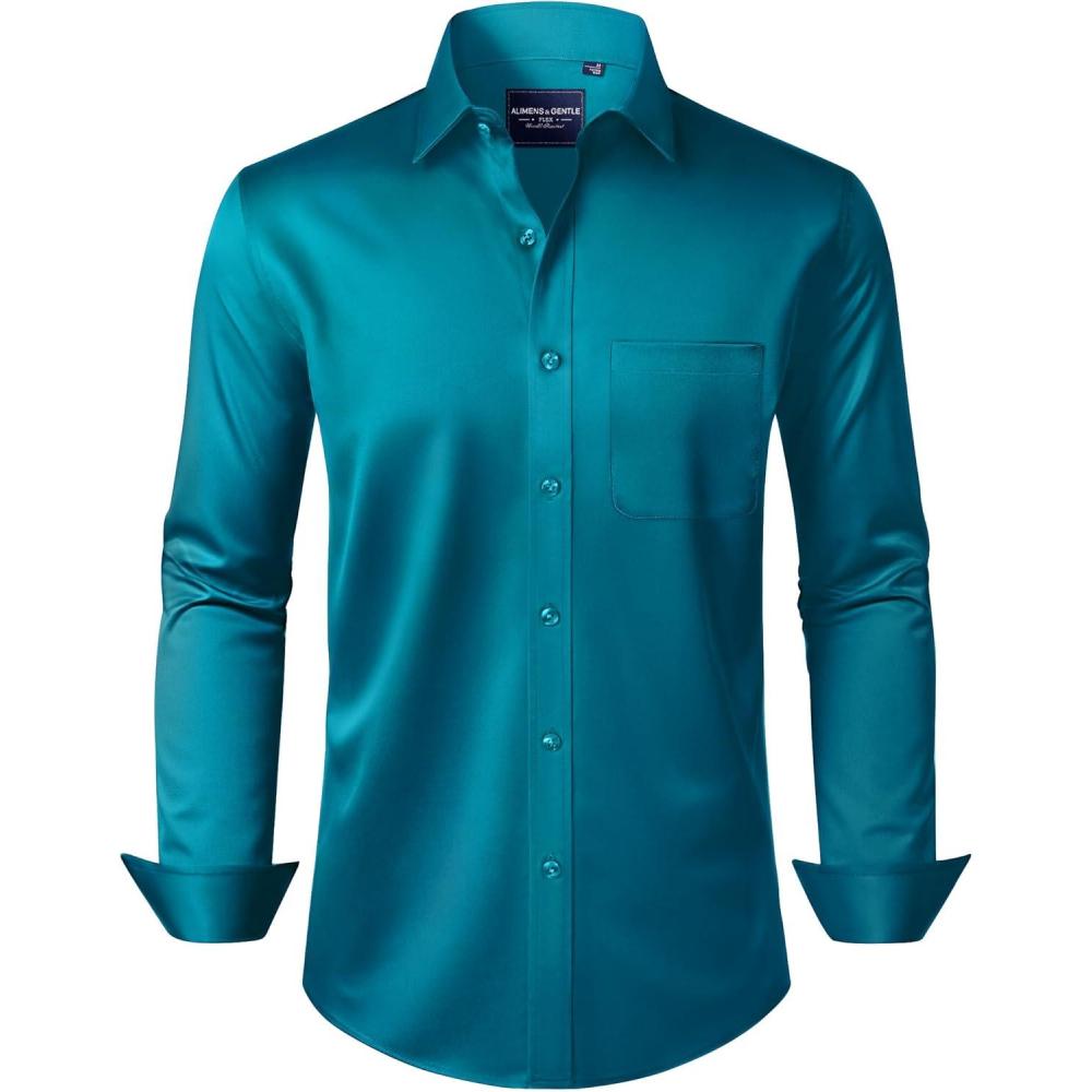 imageAlimens ampamp Gentle Mens Dress Shirts Long Sleeve WrinkleFree Stretch Shirts Solid Formal Button Down Shirt with PocketTeal