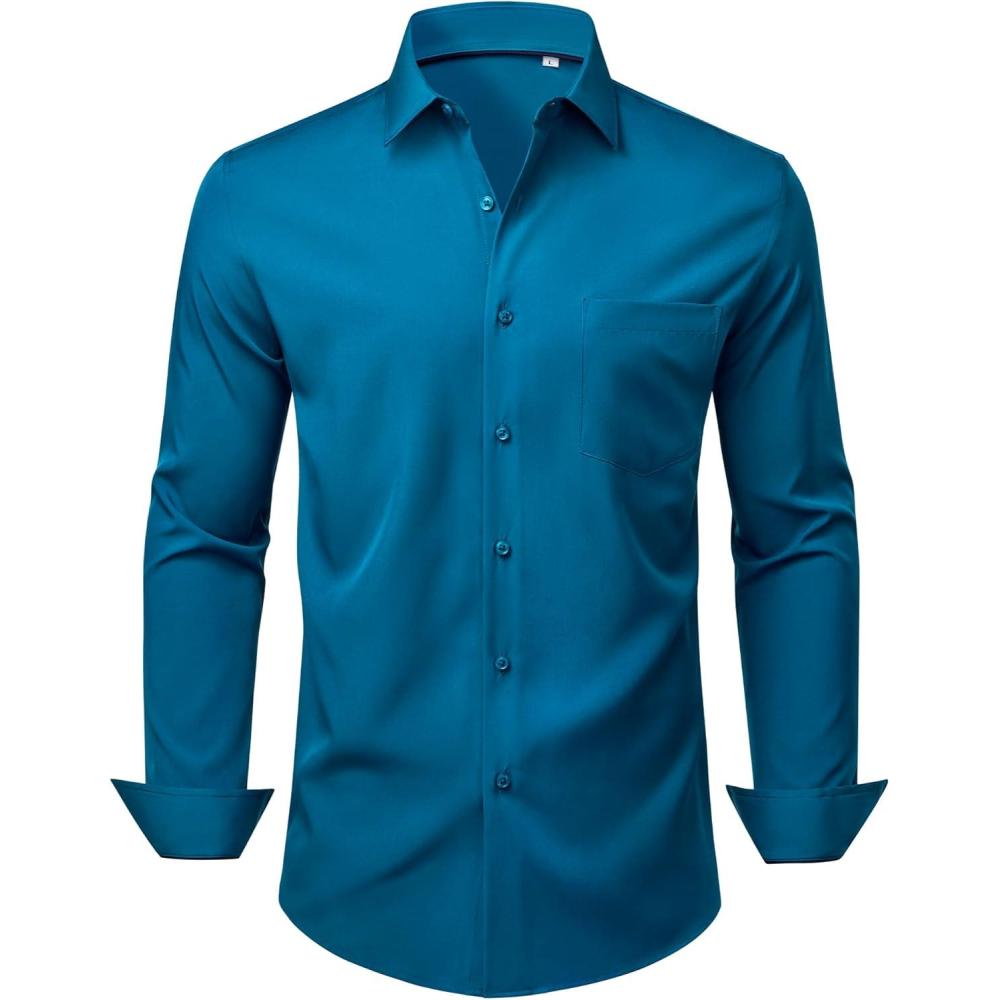 imageAlimens ampamp Gentle Mens Dress Shirts Stretch Long Sleeve Wrinkle Free Business Casual Button Down Shirt for WeddingPeacock Blue