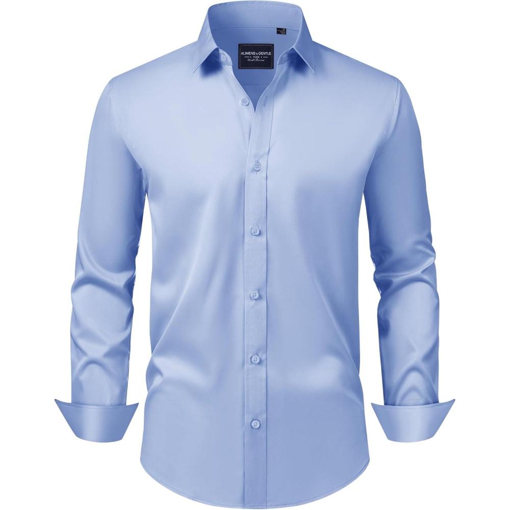 imageAlimens ampamp Gentle Mens Dress Shirts Transitional Weather Long Sleeve Stretch WrinkleFree Button Down TopBlue
