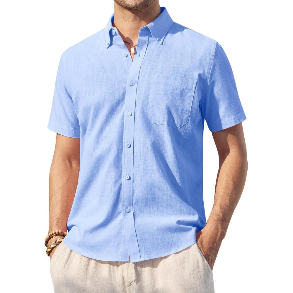imageAlimens ampamp Gentle Mens Linen Shirt Short Sleeve Casual Cotton Button Down Shirts Collared Summer ShirtsAzure