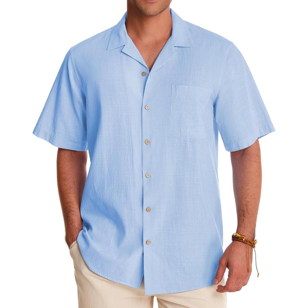 imageAlimens ampamp Gentle Mens Linen Shirts Cotton Hawaiian Shirts Short Sleeve Button Down Shirts Casual Summer Beach TopsCool Blue