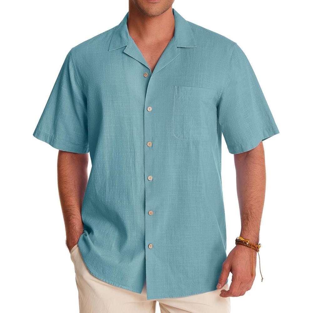 imageAlimens ampamp Gentle Mens Linen Shirts Cotton Hawaiian Shirts Short Sleeve Button Down Shirts Casual Summer Beach TopsGray Mist