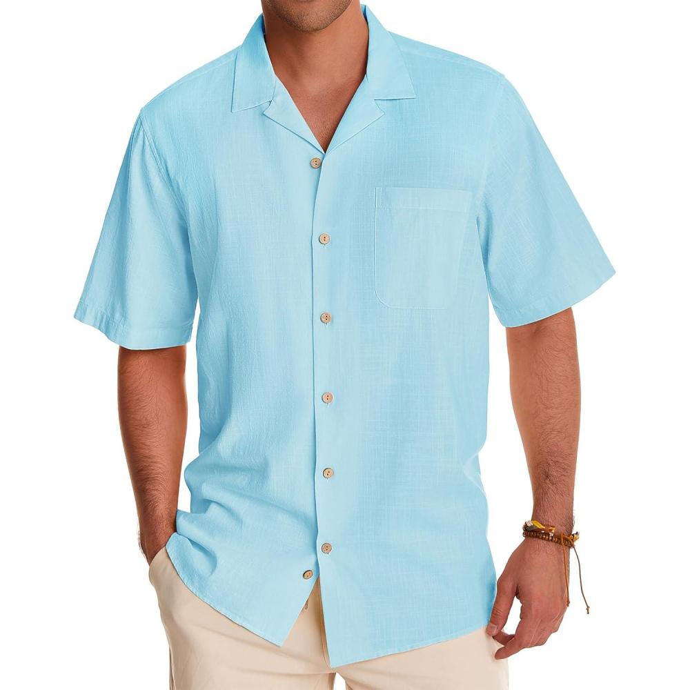 imageAlimens ampamp Gentle Mens Linen Shirts Cotton Hawaiian Shirts Short Sleeve Button Down Shirts Casual Summer Beach TopsIsland Blue