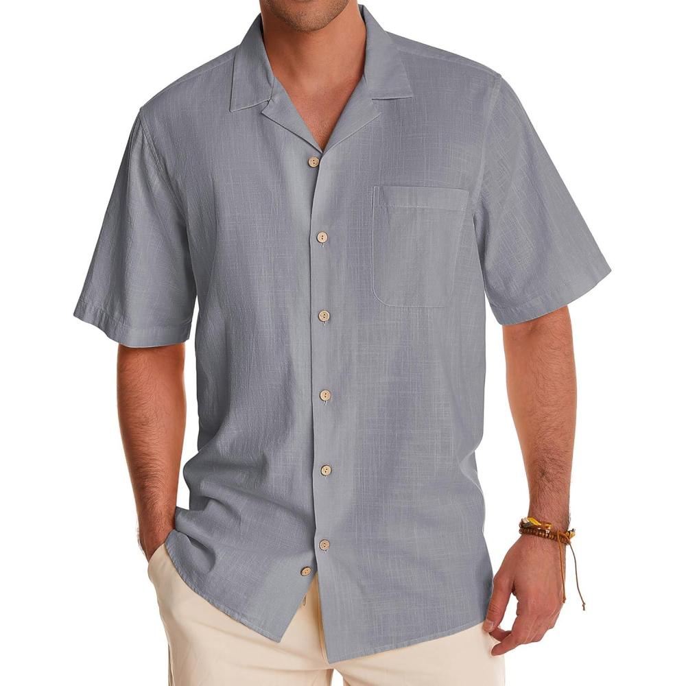 imageAlimens ampamp Gentle Mens Linen Shirts Cotton Hawaiian Shirts Short Sleeve Button Down Shirts Casual Summer Beach TopsNeutral Gray