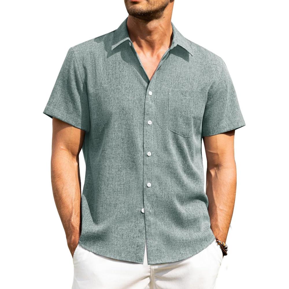 imageAlimens ampamp Gentle Mens Linen Shirts Short Sleeve Button Down Shirts Wrinkle Free Casual Vacation Beach Summer TopsTeal