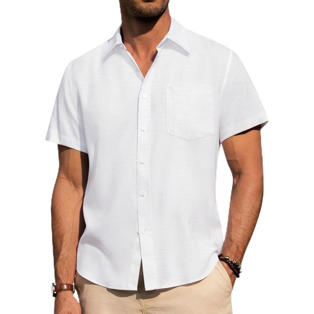 imageAlimens ampamp Gentle Mens Linen Shirts Short Sleeve Button Down Shirts Wrinkle Free Casual Vacation Beach Summer TopsWhite Linen