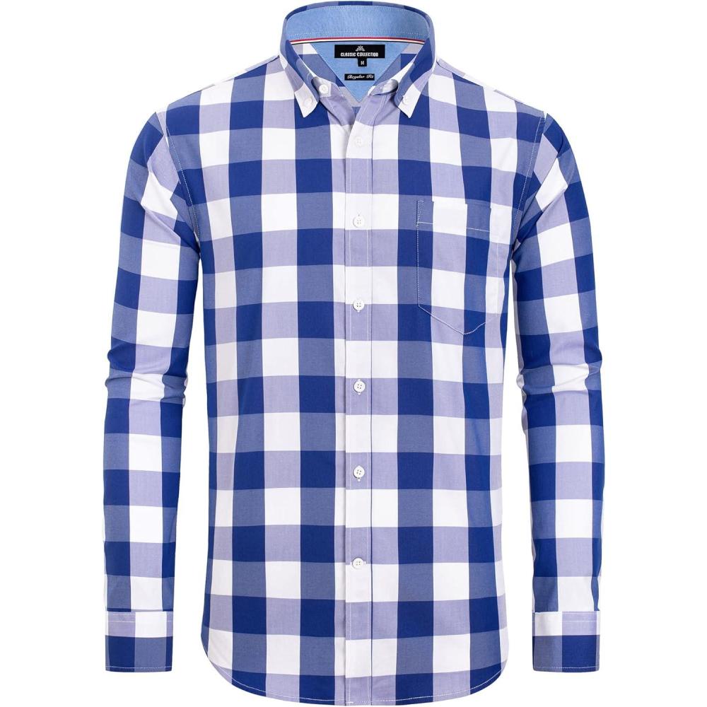 imageAlimens ampamp Gentle Mens Plaid Button Down Shirts Cotton Long Sleeve Dress Shirts Regular Fit Gingham ShirtsBlue Buffalo Check