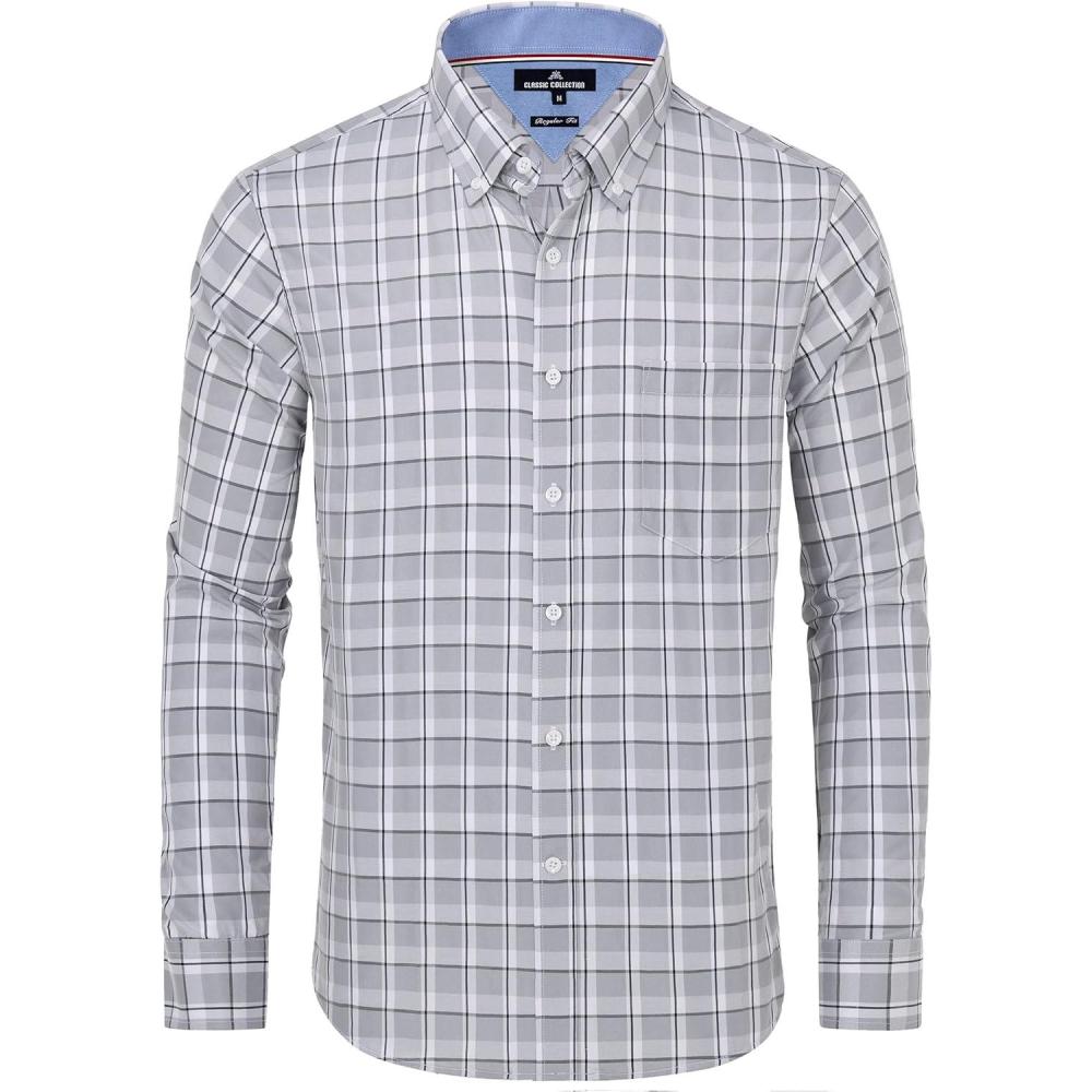 imageAlimens ampamp Gentle Mens Plaid Button Down Shirts Cotton Long Sleeve Dress Shirts Regular Fit Gingham ShirtsGrey Plaid
