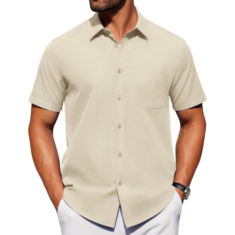 imageAlimens ampamp Gentle Mens Short Sleeve Dress Shirt Wrinkle Free Solid Casual Button Down Shirts for Summer Business WeddingApricot