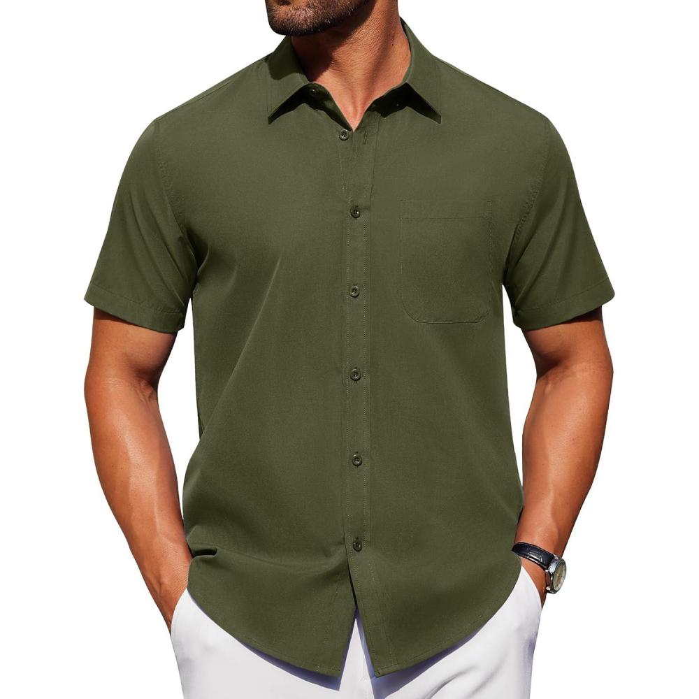 imageAlimens ampamp Gentle Mens Short Sleeve Dress Shirt Wrinkle Free Solid Casual Button Down Shirts for Summer Business WeddingArmy Green