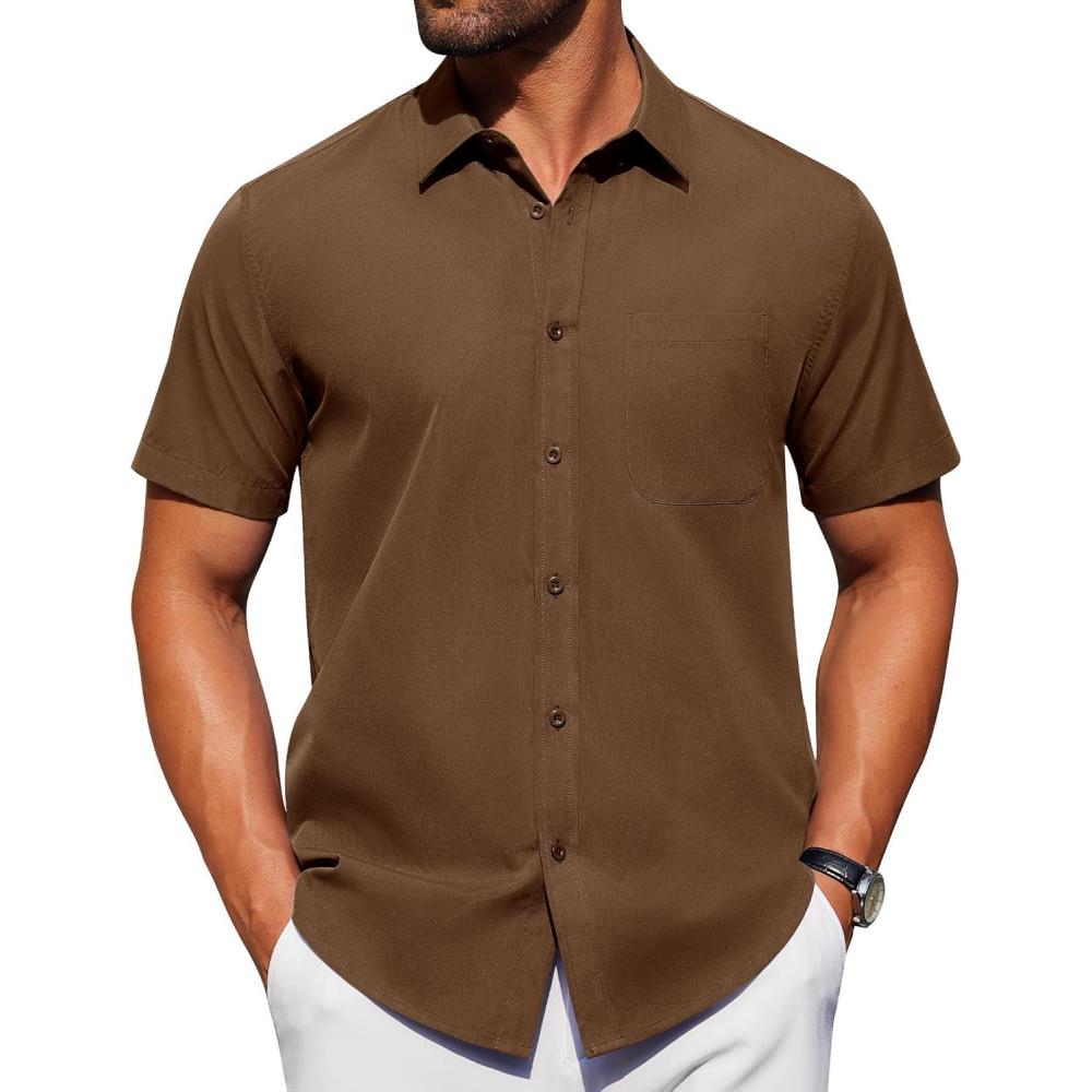 imageAlimens ampamp Gentle Mens Short Sleeve Dress Shirt Wrinkle Free Solid Casual Button Down Shirts for Summer Business WeddingBrown