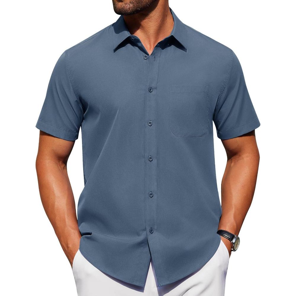 imageAlimens ampamp Gentle Mens Short Sleeve Dress Shirt Wrinkle Free Solid Casual Button Down Shirts for Summer Business WeddingCaptain Blue