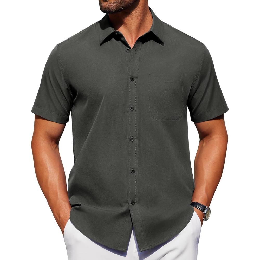 imageAlimens ampamp Gentle Mens Short Sleeve Dress Shirt Wrinkle Free Solid Casual Button Down Shirts for Summer Business WeddingDark Grey