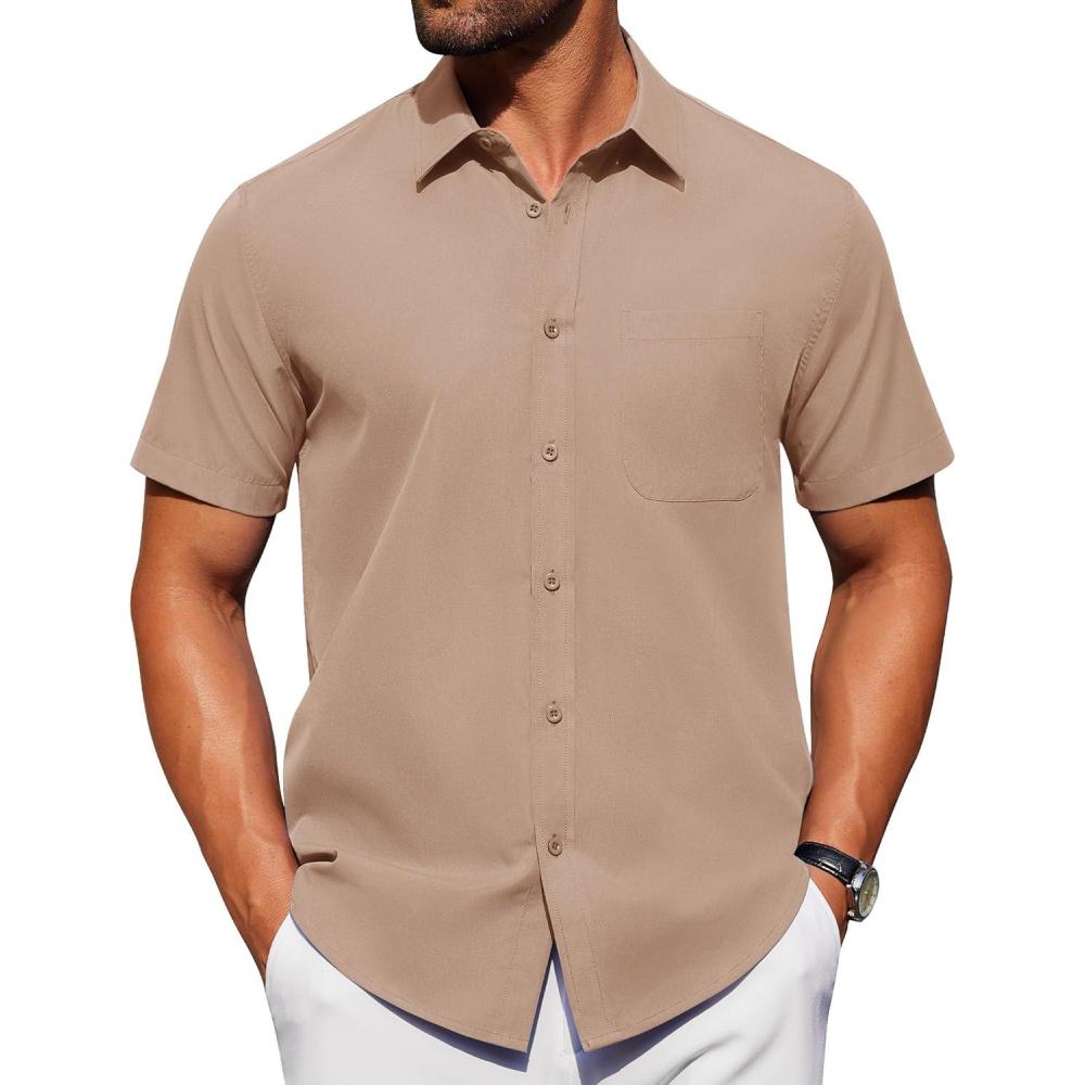 imageAlimens ampamp Gentle Mens Short Sleeve Dress Shirt Wrinkle Free Solid Casual Button Down Shirts for Summer Business WeddingKhaki