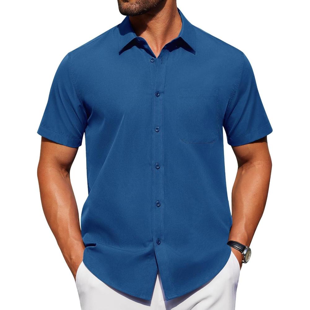 imageAlimens ampamp Gentle Mens Short Sleeve Dress Shirt Wrinkle Free Solid Casual Button Down Shirts for Summer Business WeddingPeacock Blue