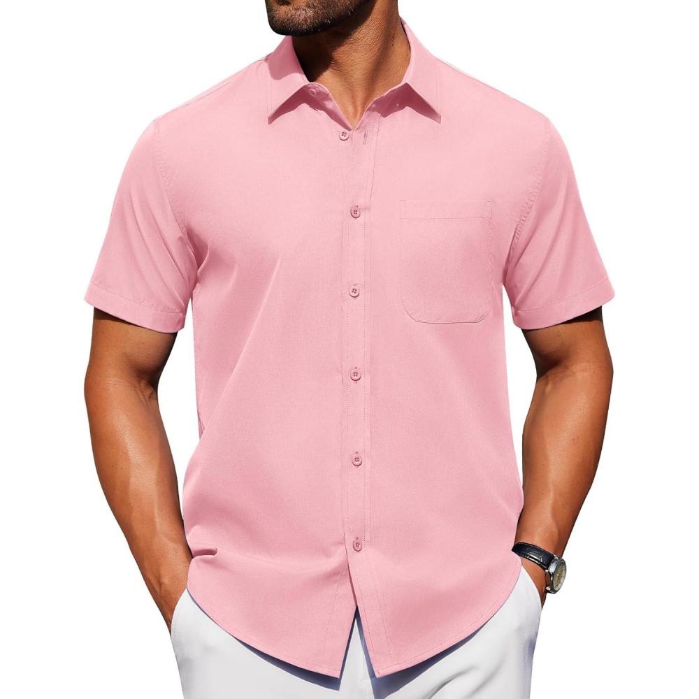 imageAlimens ampamp Gentle Mens Short Sleeve Dress Shirt Wrinkle Free Solid Casual Button Down Shirts for Summer Business WeddingPink