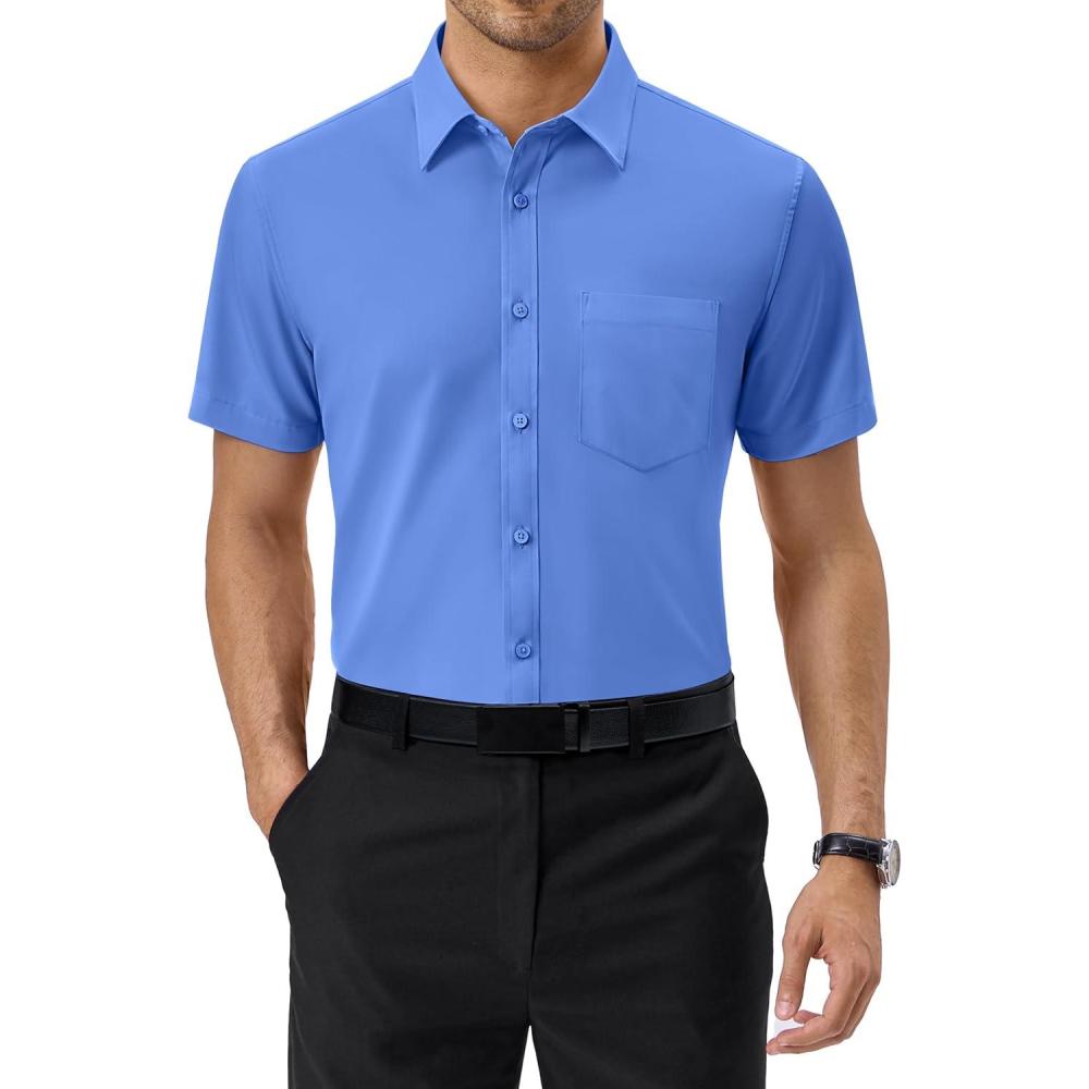 imageAlimens ampamp Gentle Mens Short Sleeve Dress Shirts Regular Fit Stretch WrinkleResistant Button Down ShirtsDeep Blue