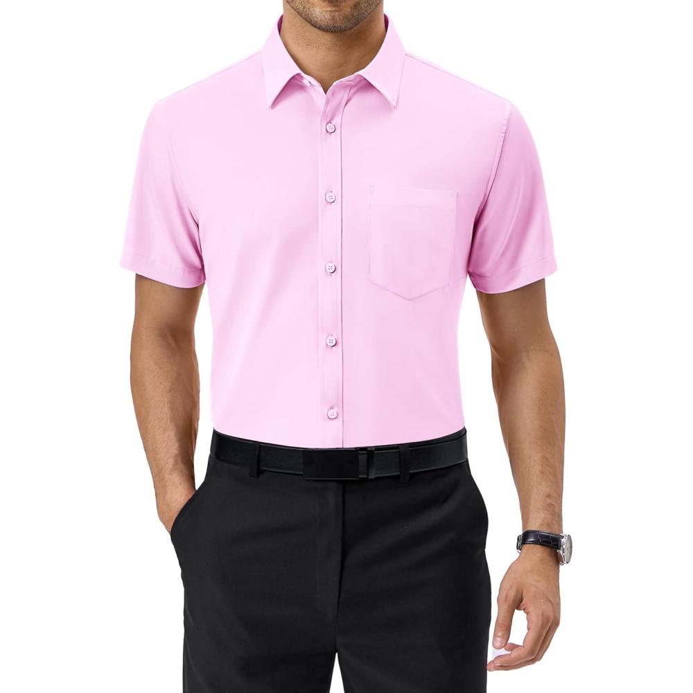 imageAlimens ampamp Gentle Mens Short Sleeve Dress Shirts Regular Fit Stretch WrinkleResistant Button Down ShirtsPink