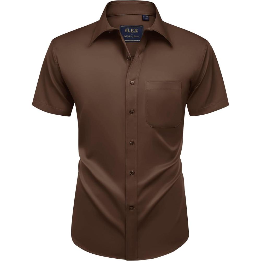 imageAlimens ampamp Gentle Mens Short Sleeve Dress Shirts Wrinkle Free Solid Casual Button Down Shirts with PocketBrown