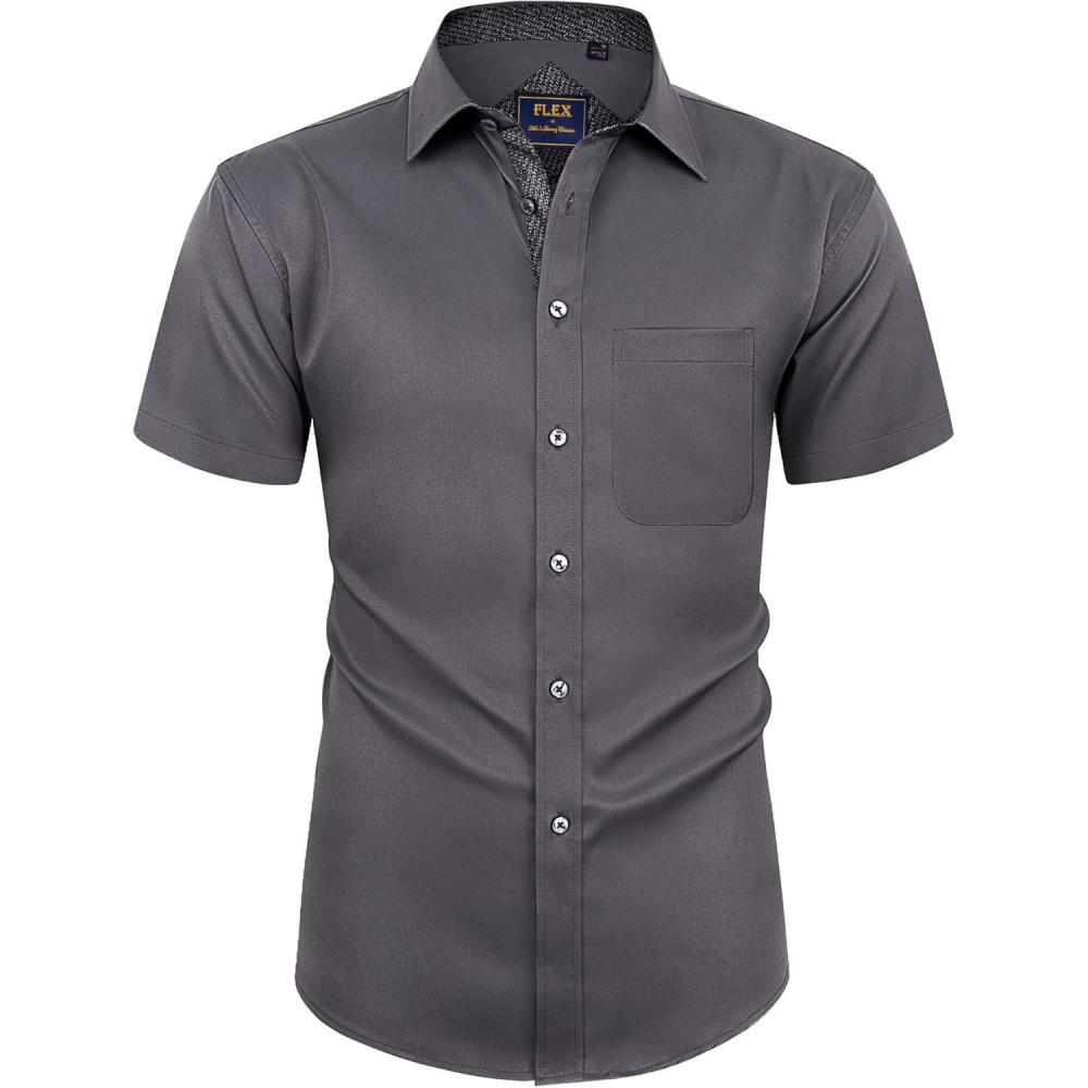 imageAlimens ampamp Gentle Mens Short Sleeve Dress Shirts Wrinkle Free Solid Casual Button Down Shirts with PocketGrey