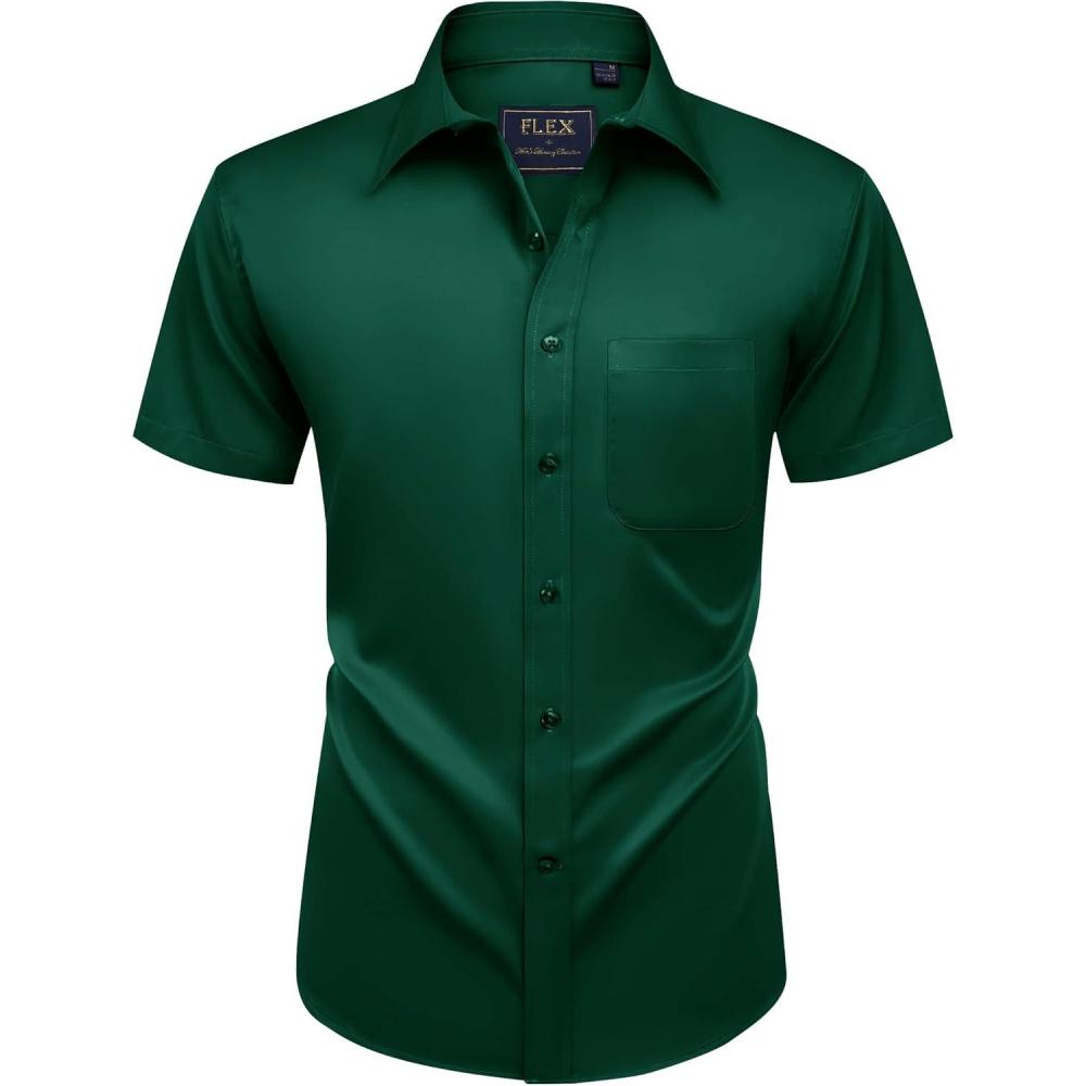 imageAlimens ampamp Gentle Mens Short Sleeve Dress Shirts Wrinkle Free Solid Casual Button Down Shirts with PocketHunter Green