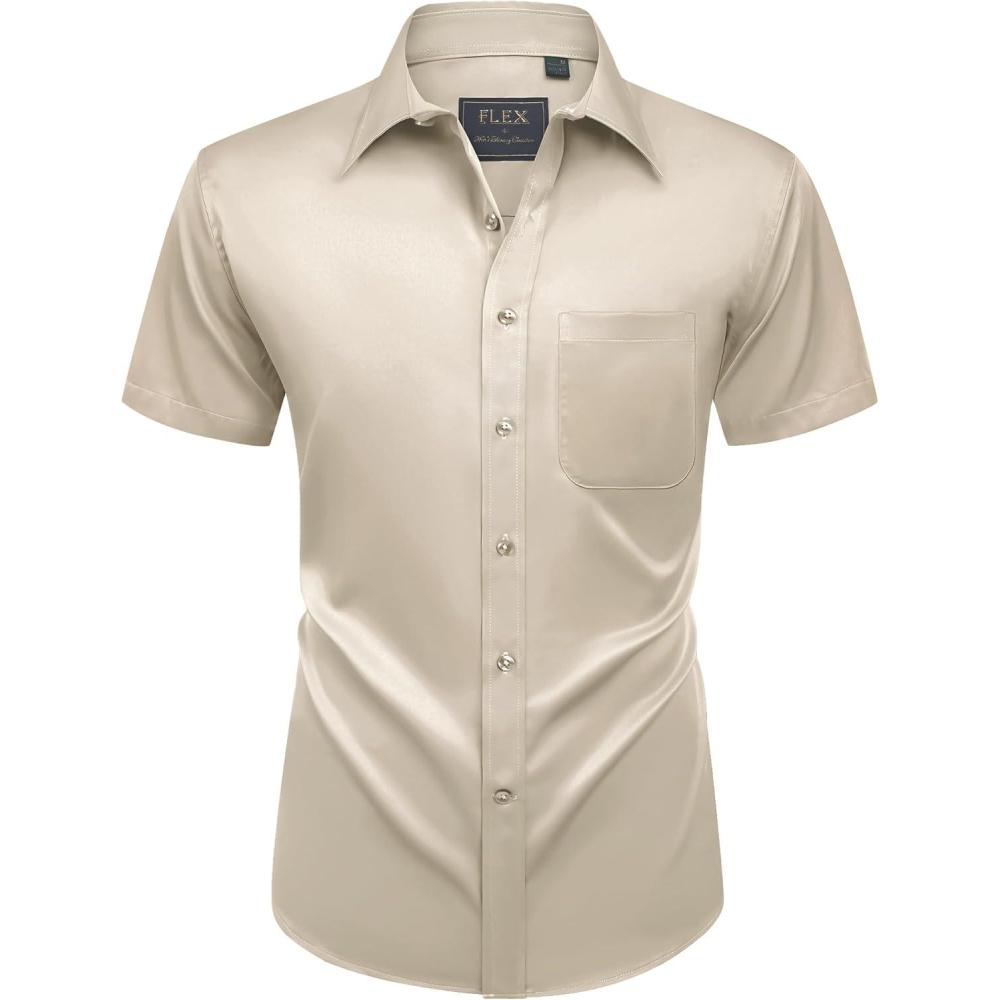 imageAlimens ampamp Gentle Mens Short Sleeve Dress Shirts Wrinkle Free Solid Casual Button Down Shirts with PocketKhaki