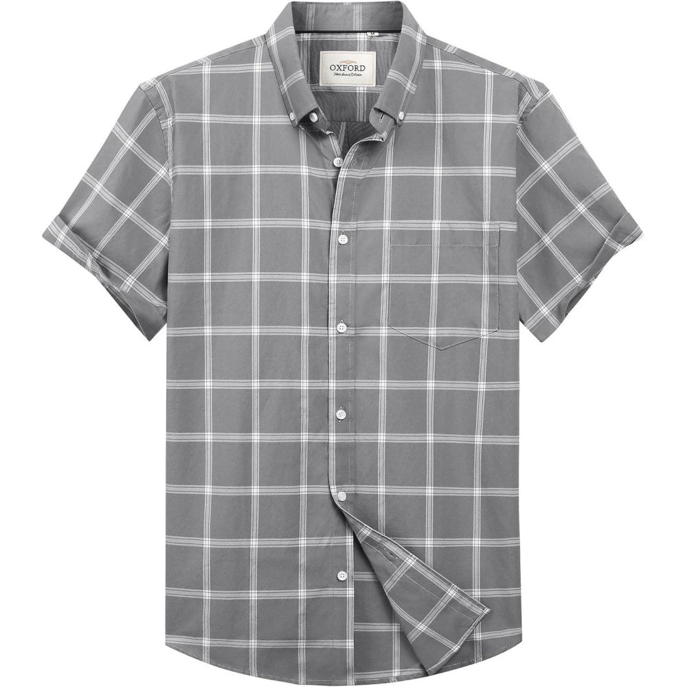 imageAlimens ampamp Gentle Mens Short Sleeve Oxford Shirt Regular Fit Button Down Collar Shirts with PocketPlaid Grey