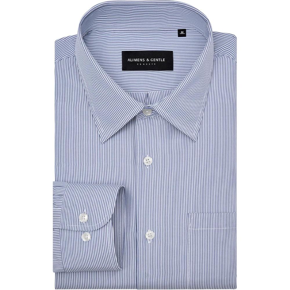 imageAlimens ampamp Gentle Mens Stripe Dress Shirts Transitional Weather Long Sleeve Casual Button Down Business Shirt Poplin TopNavy Blue