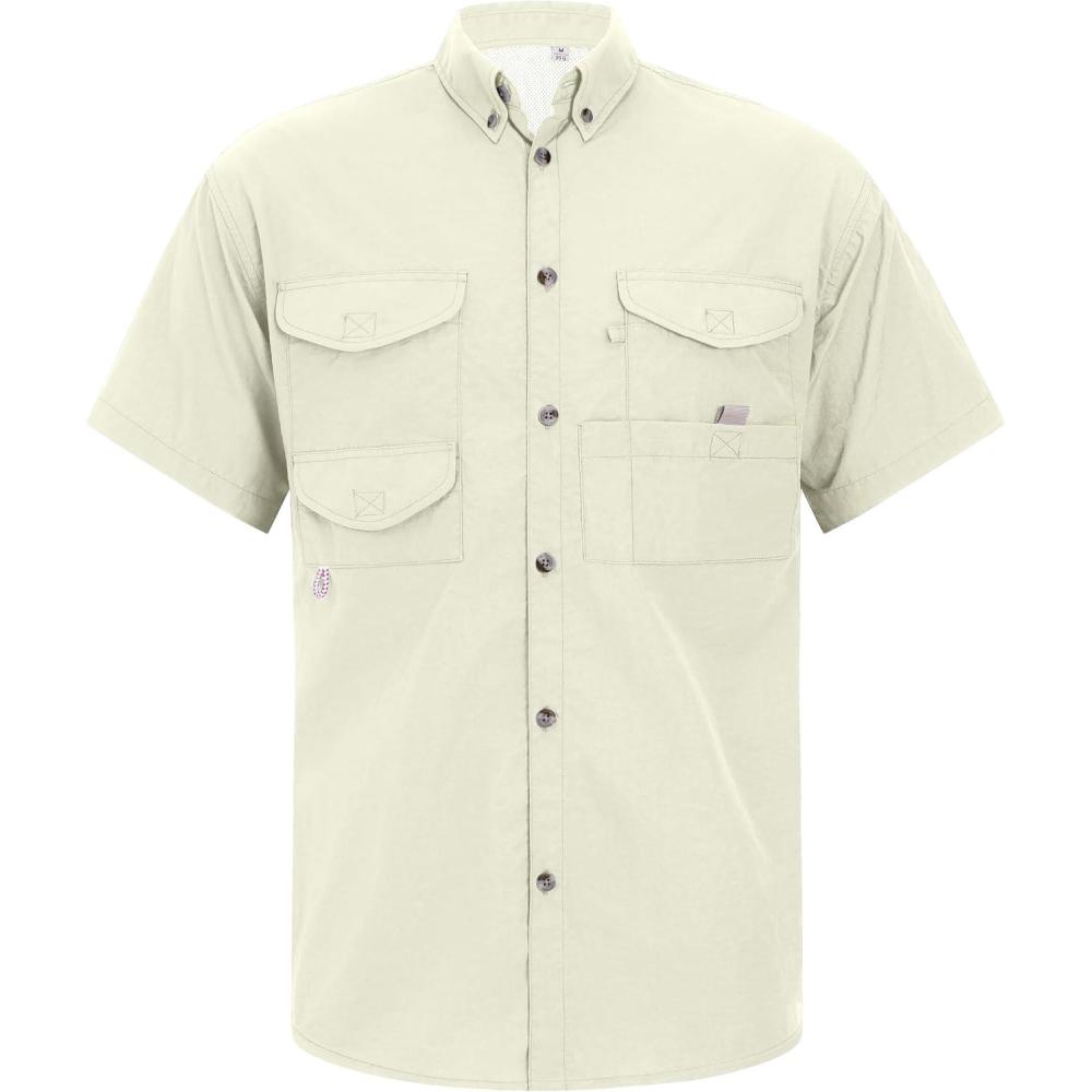 imageAlimens ampamp Gentle Short Sleeve Fishing Shirt Wicking Fabric Sun Protection Casual Button Down ShirtsBeige White