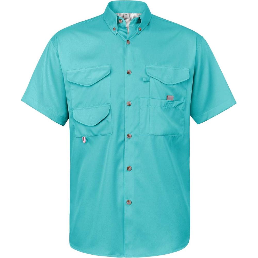 imageAlimens ampamp Gentle Short Sleeve Fishing Shirt Wicking Fabric Sun Protection Casual Button Down ShirtsBlue Green