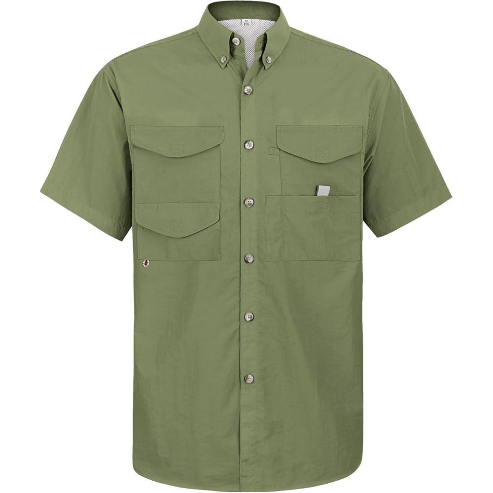 imageAlimens ampamp Gentle Short Sleeve Fishing Shirt Wicking Fabric Sun Protection Casual Button Down ShirtsGrass Green