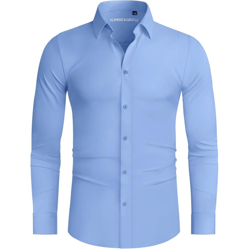 imageAlimens ampamp Gentle Stretch Mens Dress Shirts Slim Fit Long Sleeve Casual Skinny Muscle Fit Wrinkle Free Button Down ShirtClassic Blue