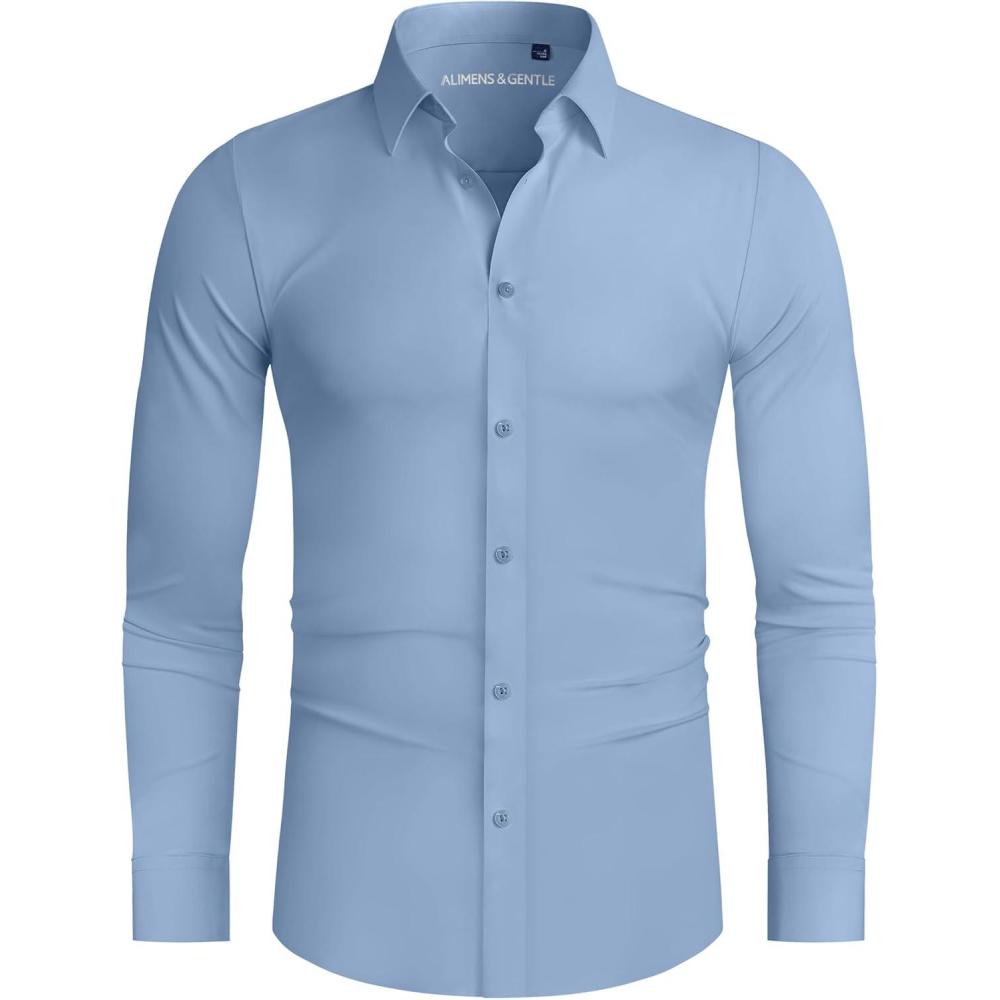 imageAlimens ampamp Gentle Stretch Mens Dress Shirts Slim Fit Long Sleeve Casual Skinny Muscle Fit Wrinkle Free Button Down ShirtCool Blue
